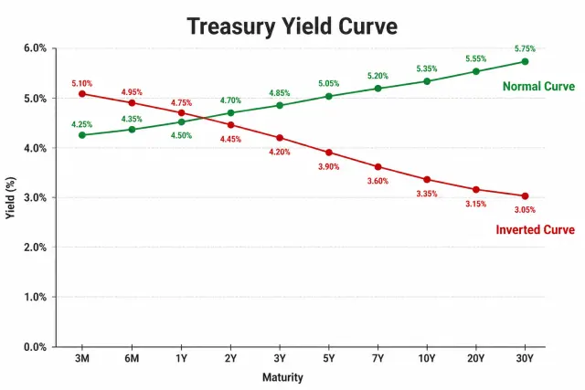Treasury yield curve chart comparing normal upward-sloping curve with inverted yield curve across maturities