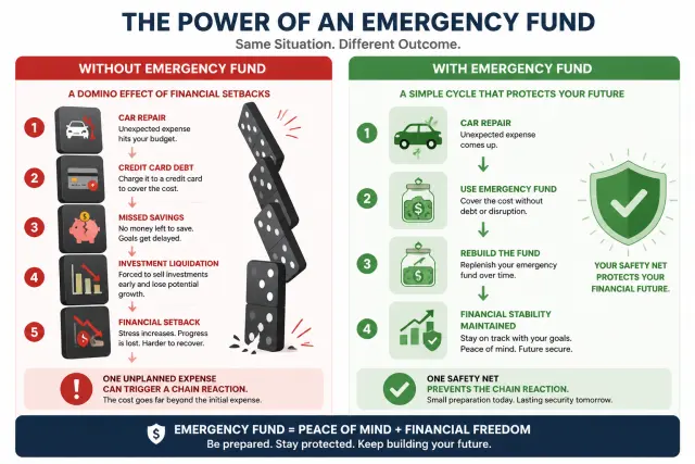 Comparison showing how an emergency without a fund triggers a damaging chain reaction versus how a funded emergency absorbs the shock cleanly