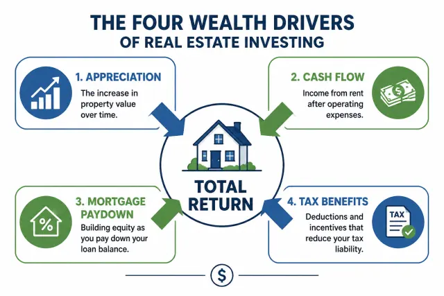 Infographic showing four sources of real estate returns: appreciation, cash flow, mortgage paydown, and tax benefits