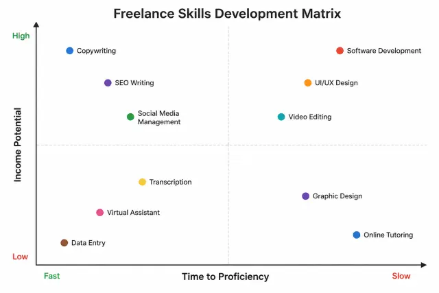 2x2 matrix plotting 10 freelance skills by income potential versus time to develop proficiency