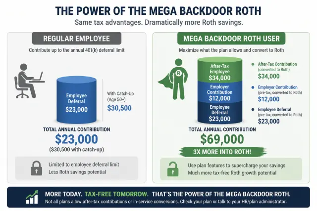 Comparison showing standard 401k contribution versus mega backdoor Roth maximizing the full $69,000 annual additions limit