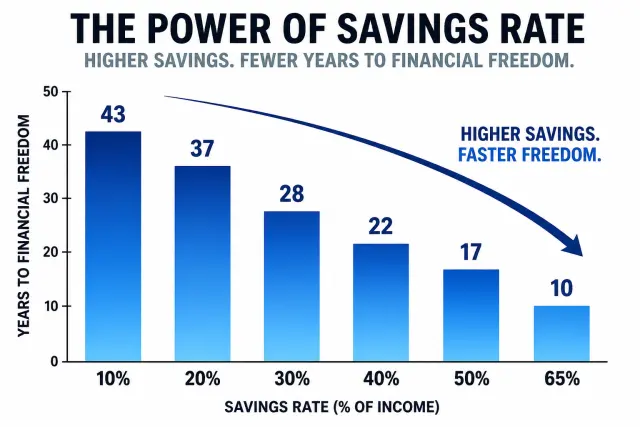 Bar chart showing how savings rate determines years to financial freedom from 43 years at 10% to 10 years at 65%