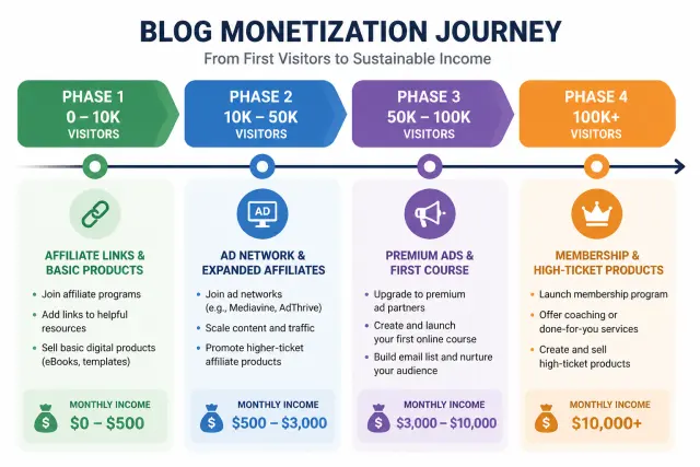 Four-phase blog monetization timeline showing progression from affiliate links at low traffic to memberships and courses at high traffic