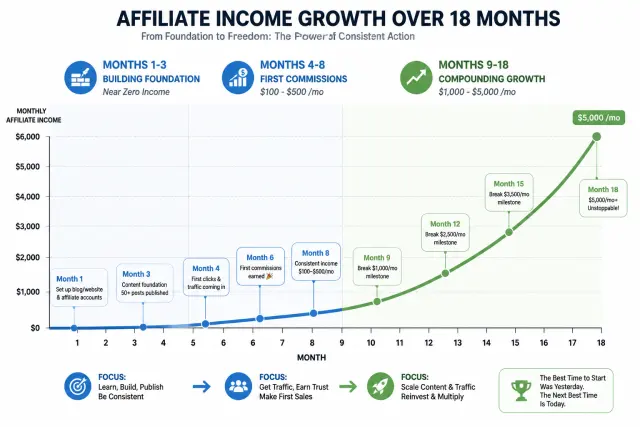 Timeline showing affiliate marketing income growth trajectory over 18 months from zero to thousands per month