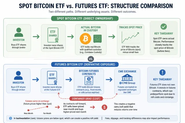 Diagram comparing spot Bitcoin ETF holding actual Bitcoin versus futures ETF holding CME futures contracts with contango drag