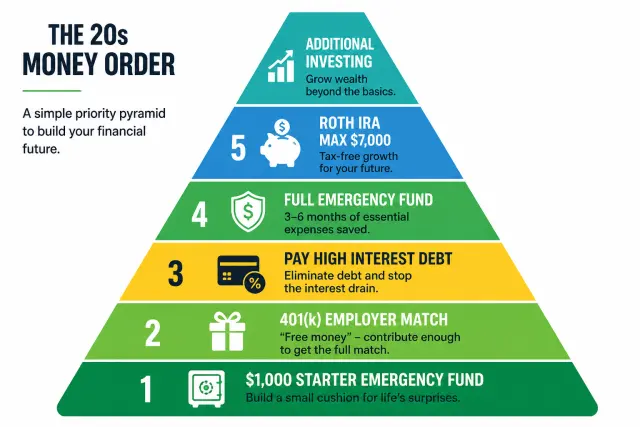 Financial priority pyramid for 20s showing emergency fund at base through Roth IRA max and additional investing at top