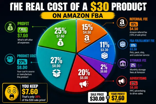 Pie chart breaking down costs for a $30 Amazon FBA product showing fees, advertising, product cost, and profit margin