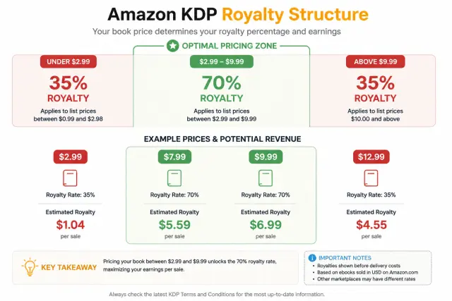 Amazon KDP royalty structure chart showing 35% and 70% royalty zones with example revenue calculations at different price points