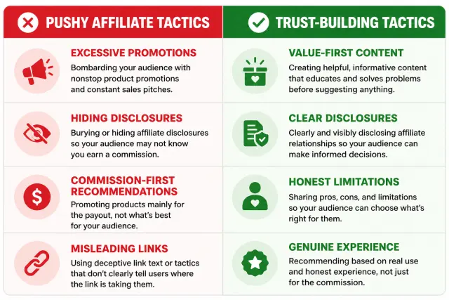 Side-by-side comparison of pushy affiliate tactics in red versus trust-building affiliate tactics in green