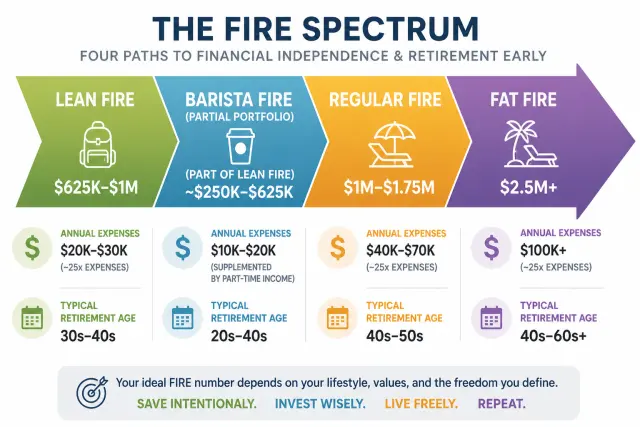 Spectrum diagram showing four FIRE types from Lean FIRE to Fat FIRE with portfolio sizes and annual expense ranges