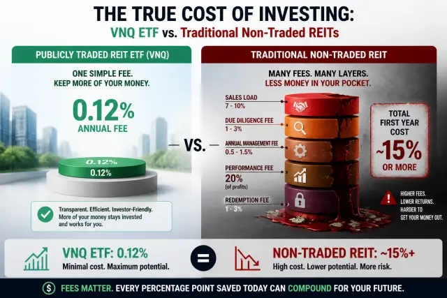 Fee comparison chart showing Vanguard REIT ETF at 0.12% versus non-traded REIT with layered fees totaling 15 percent or more