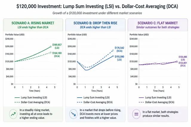 Three scenario comparison charts showing when lump sum beats DCA (rising market) and when DCA wins (falling then rising market)
