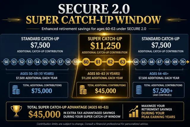 Timeline showing SECURE 2.0 super catch-up contribution window from ages 60-63 with higher limits compared to standard catch-up before and after