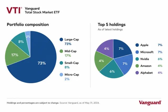 VTI portfolio composition pie charts showing market cap distribution and top 5 holdings percentages