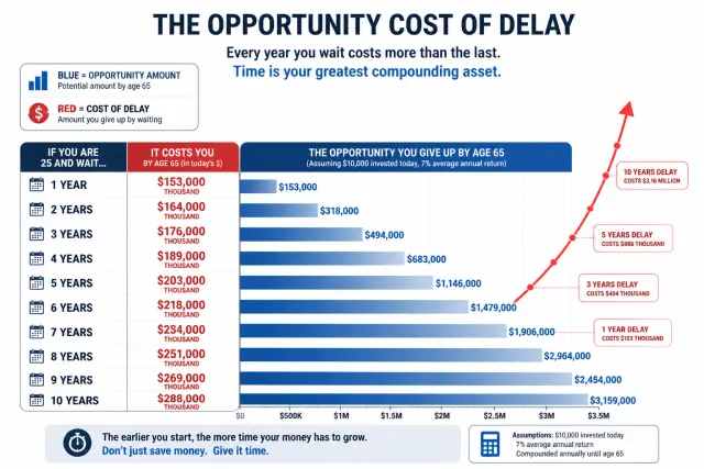 Timeline infographic showing the dollar cost of each year of delay in starting to invest, compounding to show total impact by retirement