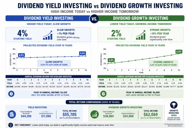 Comparison of high dividend yield strategy versus dividend growth strategy over 10 years