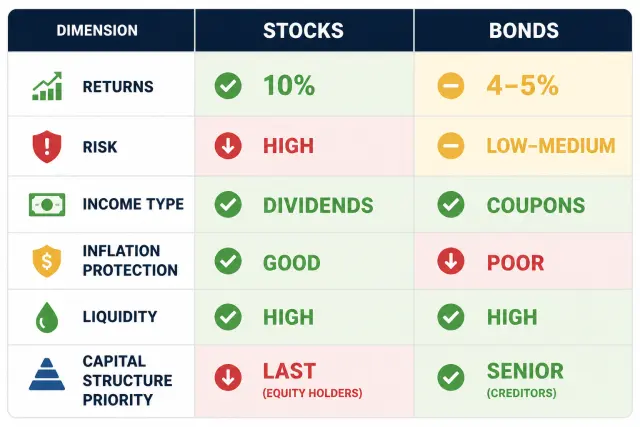 Comparison table of stocks versus bonds across returns, risk, income, inflation protection, and other key dimensions