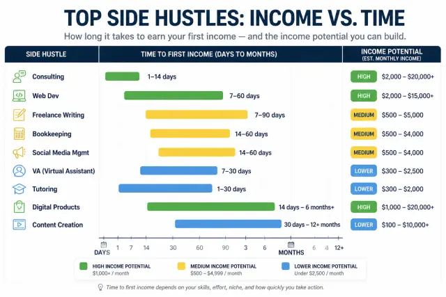 Chart comparing time to first income versus income potential for 10 home-based side hustles