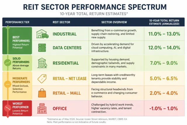 REIT sector performance spectrum showing industrial and data centers as top performers versus office as worst performer