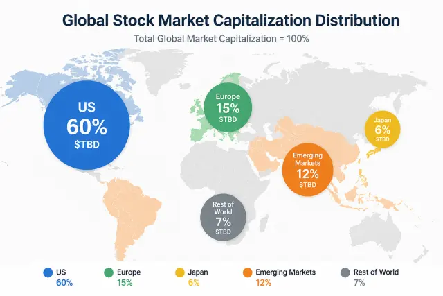 World map showing global stock market capitalization with US at 60 percent and other regions labeled with percentages