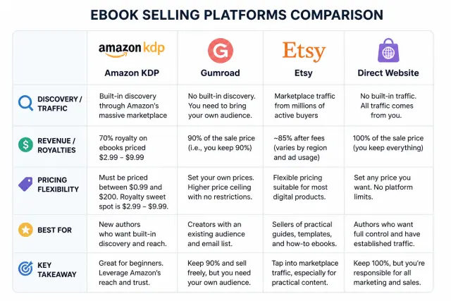 Comparison table of four ebook selling platforms showing revenue share, traffic source, and ideal author type for Amazon KDP, Gumroad, Etsy, and direct website