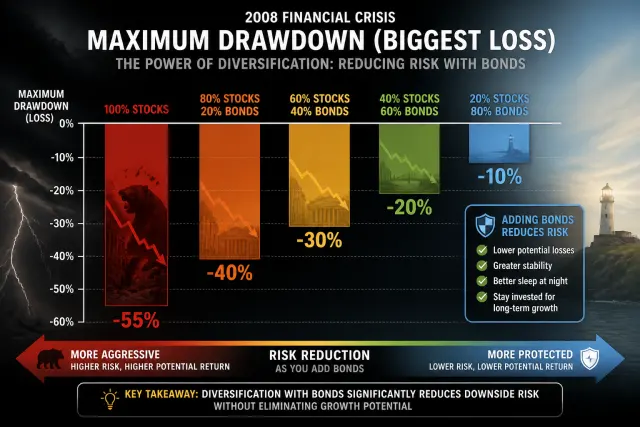 Bar chart comparing maximum portfolio drawdown during 2008 financial crisis for different stock and bond allocations
