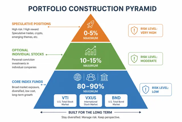 Investment portfolio pyramid showing index funds as 80-90 percent base, individual stocks as middle tier, and speculative positions as small top tier