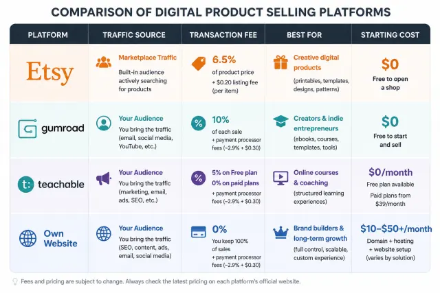 Comparison table of digital product platforms including Etsy, Gumroad, Teachable, and self-hosted options