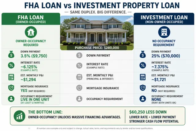 Side-by-side comparison of FHA owner-occupied financing versus investment property loan showing dramatic down payment difference