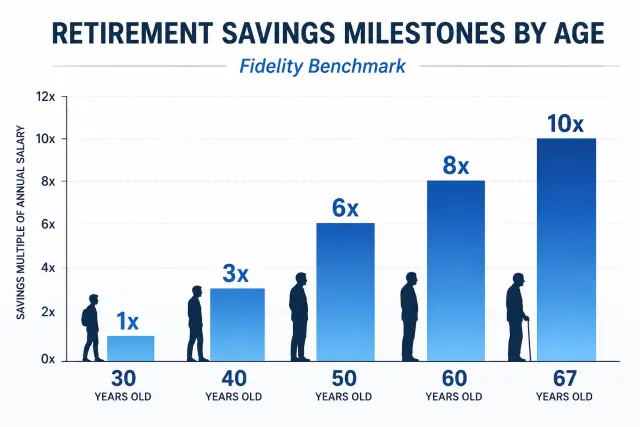 Bar chart showing recommended retirement savings milestones from age 30 to 67 as multiples of annual salary
