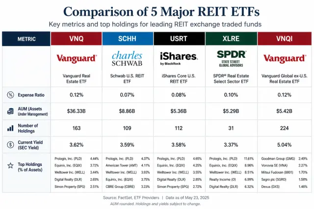 Comparison table of major REIT ETFs showing expense ratios, yields, AUM, and holdings for VNQ, SCHH, USRT, XLRE, and VNQI