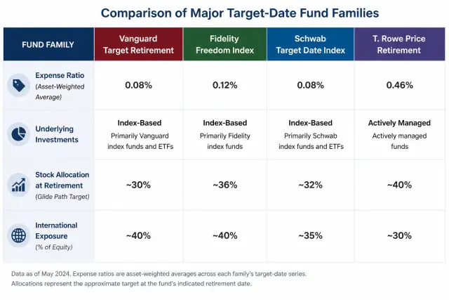 Comparison table of four target-date fund families showing expense ratios, investment approach, and allocation at retirement