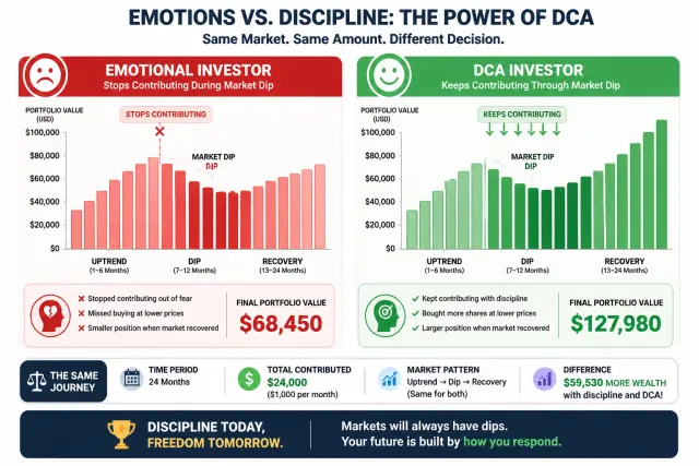 Comparison chart showing emotional investor who stops during market dip versus consistent DCA investor, with higher final wealth for the DCA investor