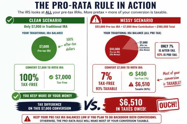 Pro-rata rule illustration comparing clean backdoor Roth conversion with no prior IRA versus messy conversion with existing pre-tax IRA balance