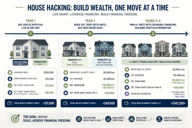 House hacking wealth building timeline showing progression from first duplex to multiple properties over 3-4 years