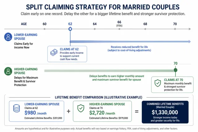 Timeline showing split Social Security claiming strategy with lower earner claiming at 62 and higher earner at 70
