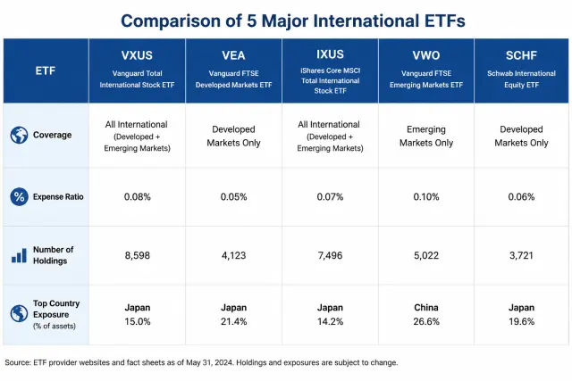 Comparison table of five major international ETFs showing coverage, expense ratios, and top country allocations