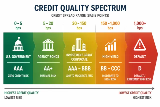 Credit quality spectrum from U.S. government zero credit risk through investment grade to high yield with credit spread ranges labeled