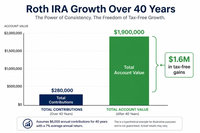 Bar chart illustrating Roth IRA compound growth showing contributions versus total tax-free value at retirement