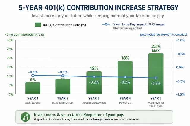 Bar chart showing five-year roadmap to maxing out 401k contributions from 6 percent to maximum
