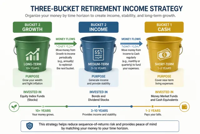 Three-bucket retirement income strategy showing cash, income, and growth buckets with fund flow arrows