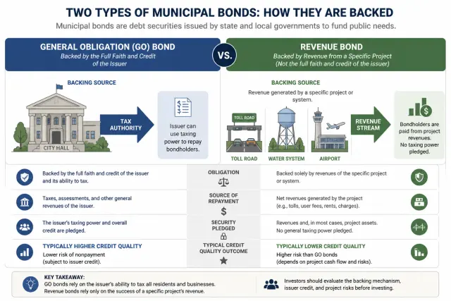 Comparison diagram showing general obligation bonds backed by taxing authority versus revenue bonds backed by project income